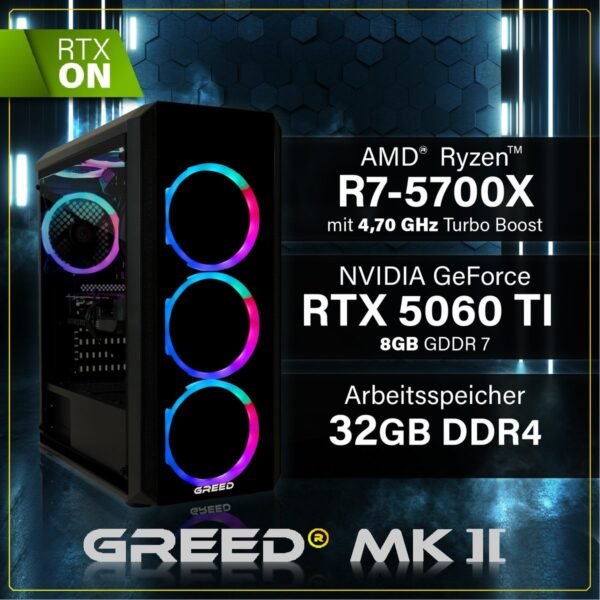 GREED MK2 AMD – Gaming PC – 32GB RAM, Gaming PC mit AMD Ryzen™ 7 7-5700X Prozessor, 32 GB RAM, 1000 GB SSD, NVIDIA GeForce RTX™ 5060 Ti, Windows 11 Pro