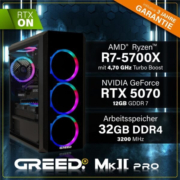 GREED MK2 Pro AMD – 32GB RAM, Gaming PC mit AMD Ryzen™ 7 Ryzen 7 5700X Prozessor, 32 GB RAM, 1 TB SSD, NVIDIA GeForce RTX™ 5070, Windows 11 Pro